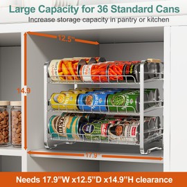 MAXIFFE 3 Tier Can Organizer, Space-Saving Pantry Organizers and Storage Rack Holder Dispenser Stackable for Kitchen Cabinet Countertop, Holds 36 Cans for Soda, Snacks Drinks Fruits, Chrome