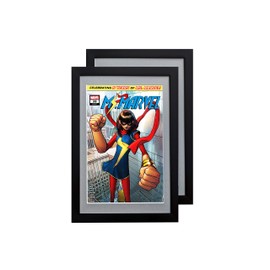 WKG BRANDS Comic Book Frame, 2 Pack, MDF Wood Frame with Acid-Free Matting for Comics up to 6 3/4" x 10 1/4” with Comic Book Bags and Sleeves, 98% UV Polycarbonate Protection (BLACK FRAME. GRAY MAT)