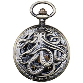Tiong Unique Octopus Hollow Mechanical Pocket Watches with Chain Men's Steampunk Skeleton Pocket Watch with Chain for Men