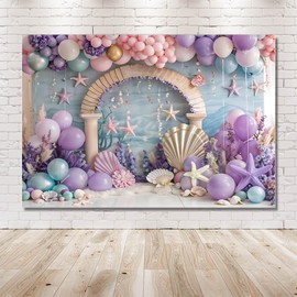 MEHOFOND 2,1 x 1,5 m Hintergrund unter dem Meer Meerjungfrau Lila Rosa Ballon Seestern Muschel Blumenbogen Fotografie Hintergrund Babyparty Kuchen Smash Kinder Geburtstag Dekoration Banner Studio