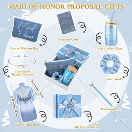 Irenare 8 Pcs Proposal Gifts Set Robes Makeup Bag Cup Cards Hair Tie Bracelet Diamond Pen Bridesmaid Gift Box (Blue,Maid of Honor)
