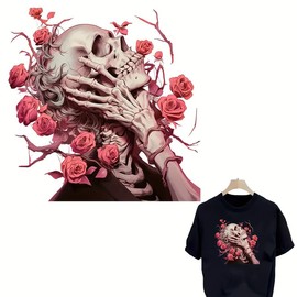 Pink Rose and Skull Iron On Transfers for T-Shirts Rub on Transfers Stickers Vinyl Ready to Press Stickers Iron on Decals for T-Shirts Clothing Hoodie DIY Crafts