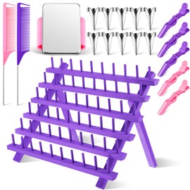 19 Pieces Braiding Rack for Hair Standing Braid Hair Extension Rack Stand with 10 Hair Parting Ring 5 Hair Sectioning Clips 2 Rat Tail Comb and 1 Magnetic pin wristband for Stylist(Purple)