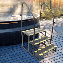 DYNAMI RV Stairs 3 Step Ladder, Steel Black Porch Steps with Handrails and Reflective Strips, Above Ground Portable Step Stool,for Camper,Swimming Pools(Double Sided Handrail w/Reflective Strips)