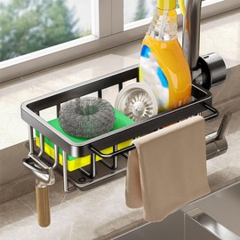 Lybunair Sink Organizer Sink Faucet Organizer with Drip Tray, Rustproof Faucet Holder, Sink Brush Holder for Kitchen, Home (Black)