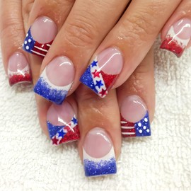 Independence Day Press on Nails 4th of July Short Square Fake Nails Red Blue White Stripe Star Glue on Nails American Flag Red Blue Glitter French False Nails for Women Patriotic Nail Decoration 24Pcs