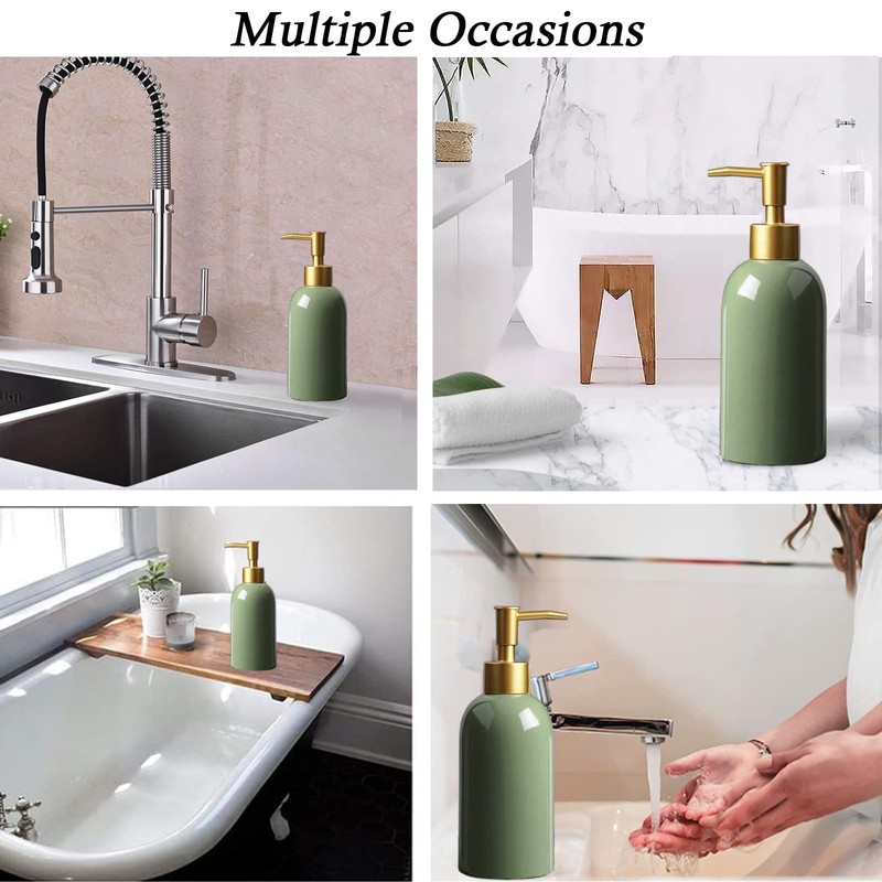 Soap Dispenser Bottle Ceramic with Gold Pump,Green and Gold Dish