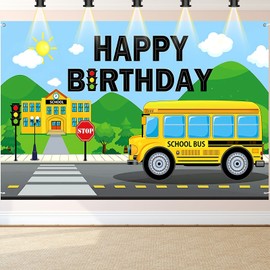 BLMHTWO School Bus Happy Birthday Backdrop, Back to school banner, Yellow Bus Party Decoration Banner for Boys Girls Birthday Favor Car Train Theme Party