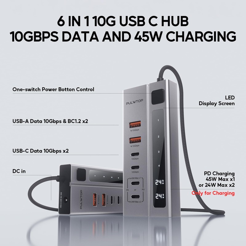 Hub USB C alimentado con alimentación, Hub USB PULWTOP compatible