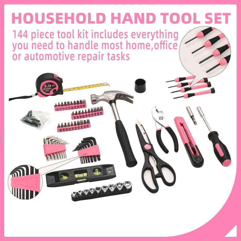 144-Piece Pink Tool Kit Basic Home Repair Tool Set General