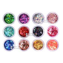 12 Colors Holographic Laser Chunky Glitter Foil Mix Nail Art Flakes Sequins, 10g Each Color Beauties Factory Stars and Hexagons Shaped Sequin