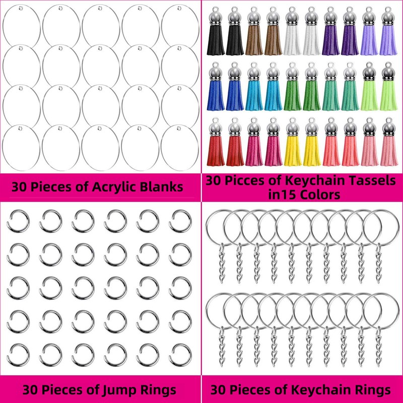 200pcs Acrylic Key Ring Kit 30 Acrylic Blank 30 Key