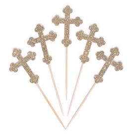 CloverCrafts 12 x Gold Glitter Christian Cross Cupcake Toppers – Christening Party Decor