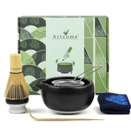 Artcome 7 Pcs Complete Matcha Tea Ceremony Kit for Tea Ceremony, Bowl with Pouring Spout, Whisk, Tea Scoop, Matcha Powder Strainer, Matcha Tea Set For Making Usucha, Koicha and Matcha Latte (Black)