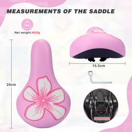 Children's Bicycle Saddle - Extra Soft & Waterproof Bicycle Seat for Boys/Girls - Non-Slip Padding, Wide Bicycle Cushion Dual Shock for 12 14 16 18 20 Inch Mountain Bike (Large Pink Flower)