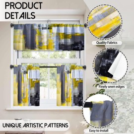 MCALK Grey Yellow Blackout Kitchen Curtains Tiers and Valances for Windows Modern Abstract Art, Contemporary Trendy Valances for Living Room (36" Tiers Set)