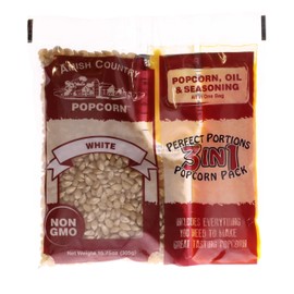 Amish Country Popcorn | All-In-One Kernel Popcorn Packs | Pre-Measured for Popcorn Machines and Includes Hulless Popcorn, Oil & Salt (Medium White Popcorn, Oil & Seasoning)
