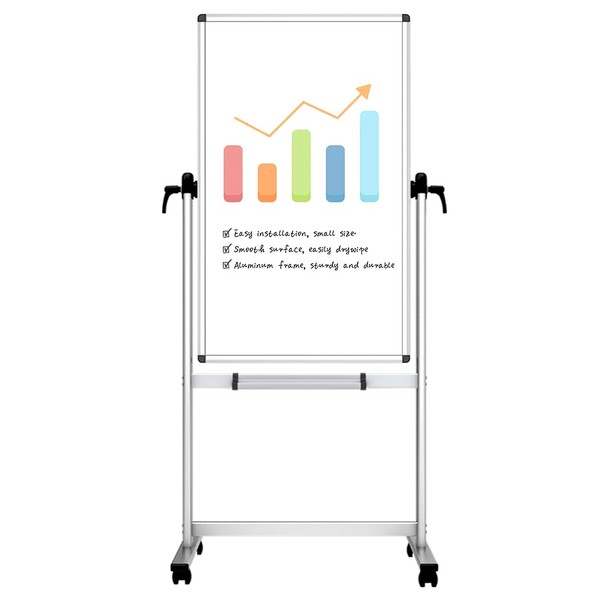 VIZ-PRO Double-sided Magnetic Mobile Whiteboard,48 x 24 Inches, Portrait Orientation,Aluminium Frame and Stand