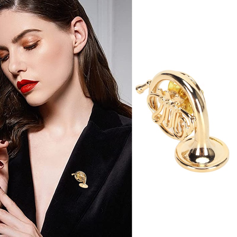 Gold Miniature French Horn Shaped Lapel Brooch Pin Brass Mini