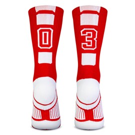 ChalkTalkSPORTS Custom Team Number Socks | Youth & Adult Athletic Performance Socks | Red Number Socks | Choose Your Number