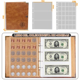 CHENGBAO Libro de colección con Capacidad para 240 Billetes y 150 Monedas, Hojas Sueltas a presión fáciles de añadir o Quitar (Marrón)