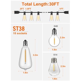 GPATIO 30FT Outdoor String Lights, Waterproof Patio Lights with 16 Dimmable Hanging Lights Globe ST38 Bulbs, 2700k Shatterproof Connectable for Backyard Gazebo Porch Garden Commerical Outside Decor