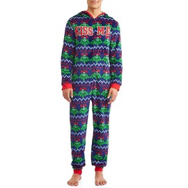 Dec 25th Mistletoe Mens Ugly Christmas Sweater Minky Fleece Drop Seat Union Suit Pajamas (X-Large (46-48)), Blue