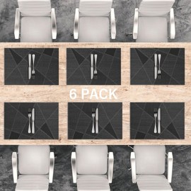 LAPONO Table Mats Set of 6, 45 x 30cm Large Rectangle Place Mats PVC Table Placemats Washable Non-slip Heat Resistant Placemats for Kitchen Dinning Restaurant outdoor garden Hotel (Black)