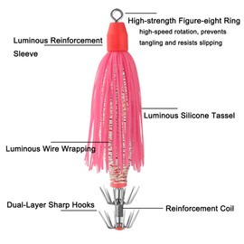 4 Pack Squid Jigs with Tassel - Luminous Stainless Steel Fishing Lures Hooks Saltwater Glow in The Dark Squid Catchers Multiple Colors