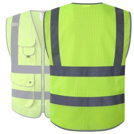 JKSafety 9 Pockets High Visibility Safety Vest for Men and Women, Hi-Vis Reflective Yellow Safety Vests with Zipper Front, Meet ANSI/ISEA Class 2 Type R(159-Yellow M)