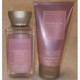 Bath and Body Travel Mini Purse Size Body Care - 2 pc Bundle - 3 fl oz Shower Gel and 2.5 oz Body Cream - Gift Set (CHAMPAGNE TOAST) Packaging Varies