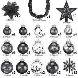 Jenaai 74 Pcs Christmas Ornaments Set Christmas Ball Ornaments Assorted Christmas Tree Decorations with Hanging Snowflakes Artificial Poinsettia Flowers for Xmas Party (Black)