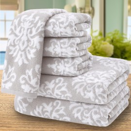 Towels for Bathroom - Cotton | Soft | Quick Dry | Lightweight | Absorb, 6 Piece Towel Set, 2 Bath 24"x42", 4 Hand 14"x31", Gray Decorative Bathroom Towels Set, Dorm Shower Towel Set, Grey/White Damask