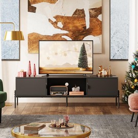 WLIVE Modern TV Stand for 65 Inch TV, Mid Century Entainment Center with Storage, TV Console with Open Shelf and 2 Cabinets for Bedroom - Color: black