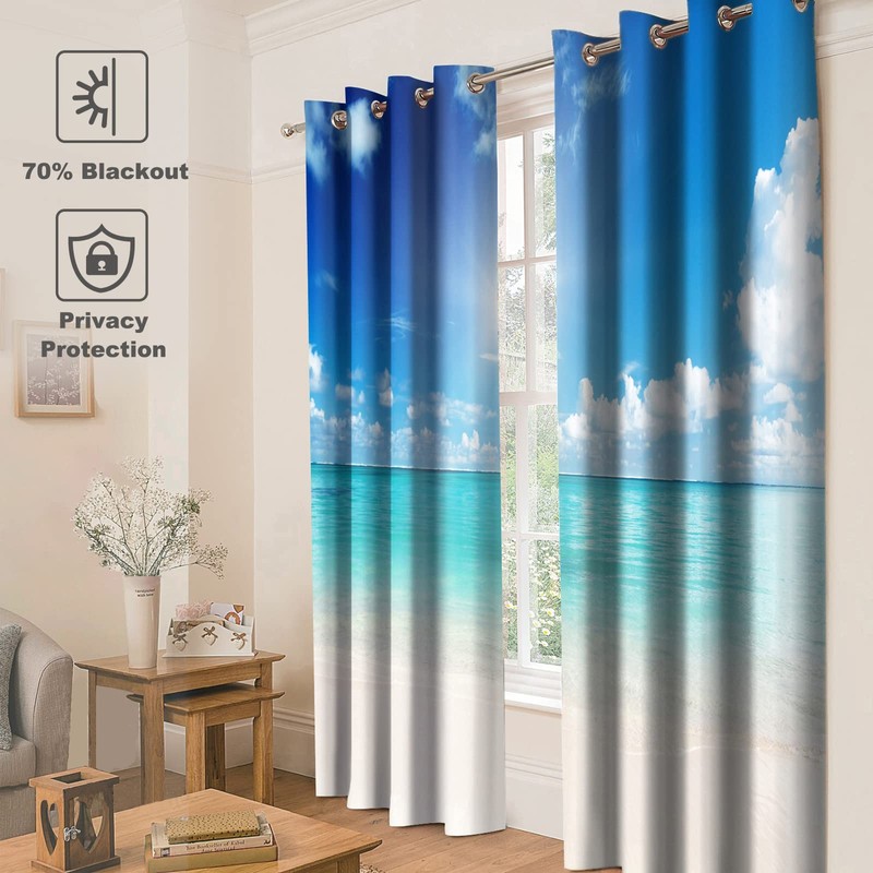 Jekeno Ocean Beach Blackout Curtains Tropical Blue Sky Cloud Sunshine