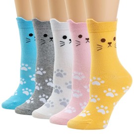 Minicoco Cat Socks Women Funky Socks Cotton Ankle Socks Animal Paw Socks Funny Cat Paws Cute Patterned Socks for Birthday Presents Socks for Mum Ladies Girls, 5 Pairs