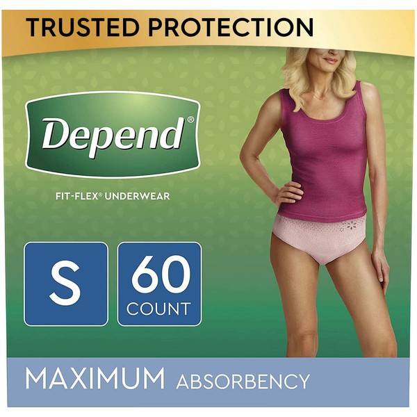 Depend FIT-FLEX Incontinence Underwear for Women, Disposable, Maximum Absorbency, Small, Blush, 60 Count (2 Packs of 30) (Packaging May Vary)