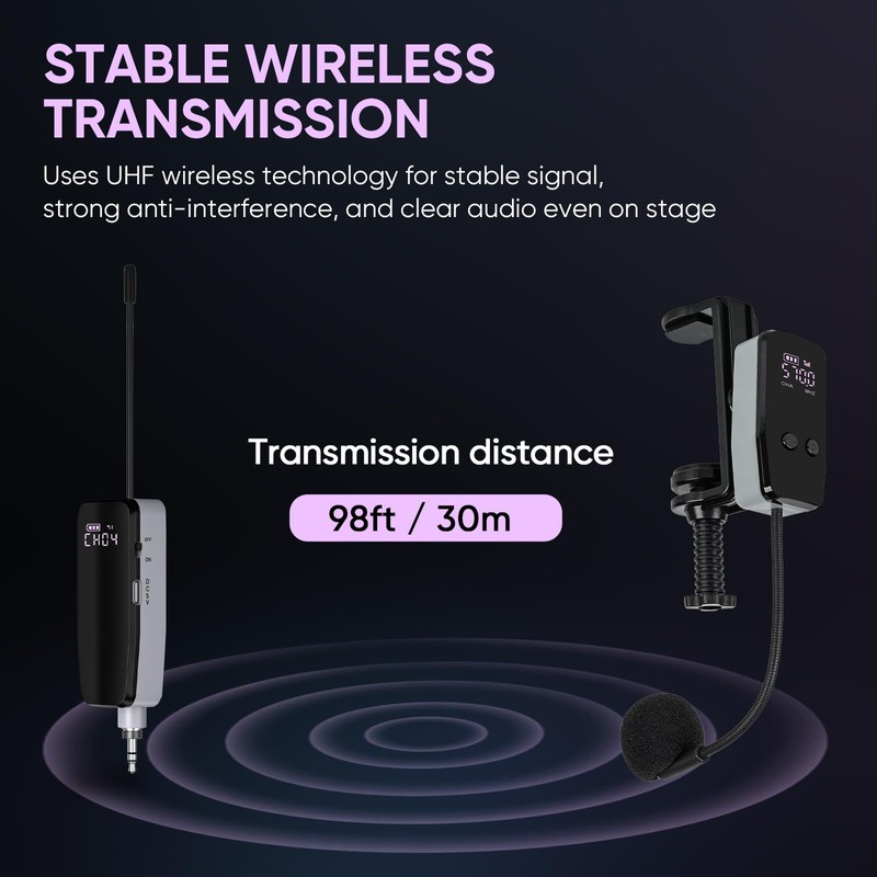 MICNAUX UHF Wireless Violin Microphone System, Rechargeable Clip-on Instrument Microphones
