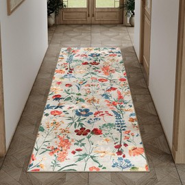 PureCozy 2x6 Runner Rug Floral Hallway Long Beige Ultra Soft Bedroom Carpet Indoor Washable Kitchen Carpet Non Slip Low Pile Accent Rug for Bathroom Dining Laundry Living Room