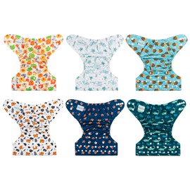 Babygoal Cloth Diaper Covers 6 Pack+Wet Bag for Fitted Diapers and Prefolds with Double Gussets, Adjustable and Reusable for Baby Boys 6DCF08