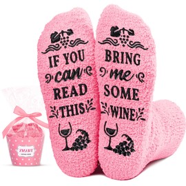 Zmart Wine Pink Slipper for Women - Funny 'Bring Me Wine' Socks, Medium, Plush Coral Fleece, Non-Slip Ink Message, Ideal Gift for Wine Lovers