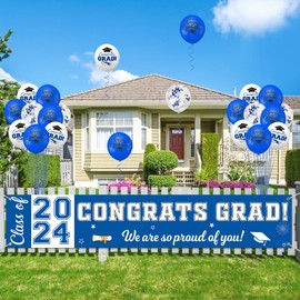 AKEROCK Large Congrats Grad Banner with 32 Graduation Balloons, Class of 2024 Graduation Party Decorations Supplies (Blue and White)