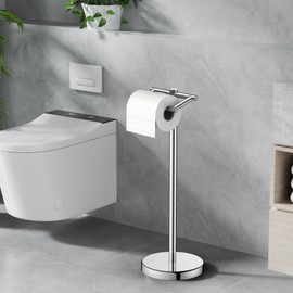 FORIOUS Toilet Paper Holder Stand, Freestanding Tissue Roll Holder for Bathroom, Pivoting Design, Durable SUS 304 Stainless Steel and Weighted Base Toilet Paper Stand, Chrome