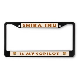 Sign Destination Metal License Plate Frame Shiba Inu is My Copilot Car Auto Tag Holder Black 2 Holes One Frame