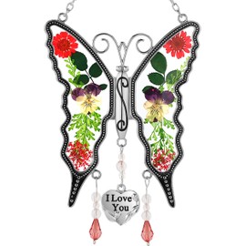 KY&BOSAM Butterfly Suncatcher-Stained Glass I Love You Hangings Wind Chime Ornament for Windows Charm with Metal Heart Gifts for Mother`s Day Valentine's Birthdays Christmas Color Box Package