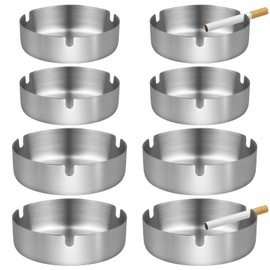 Set of 8 Stainless Steel Ashtrays, Round Stainless Steel Diameter 8/10 cm, Table Ashtray Made of Metal, Portable Metal Set for Indoor and Outdoor Use, Home and Office