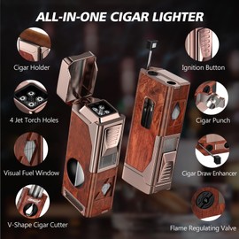 Tesonway Cigar Torch Lighter, 4 Jet Flame Cigar Lighter with Cigar Cutter V Cut Cigar Accessories Cigar Holder Cigar Punch Cigar Draw Enhancer, Windproof Refillable Butane Lighter, Cigar Gifts for Men