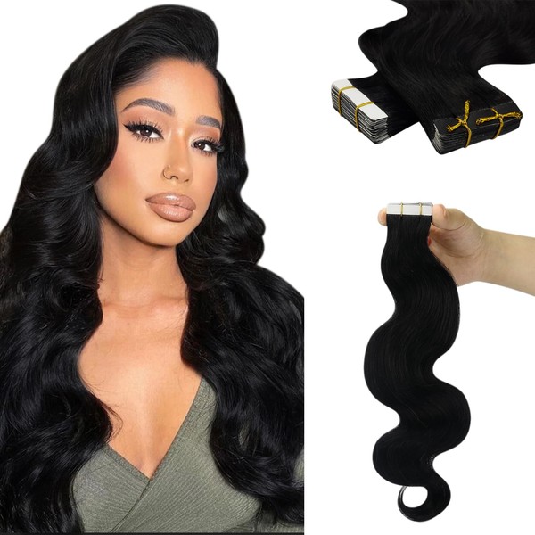 YoungSee Wavy Tape in Hair Extensions Human Hair 16 Inch Tape in Extensions Human Hair Wavy Tape in Hair Extensions #1 Jet Black Body Wave Tape ins 20pcs Tape in Human Hair Extensions 50g