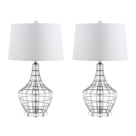 SAFAVIEH Lighting Collection Olga Farmhouse Silver Iron Cage 28-inch Bedroom Living Room Home Office Desk Nightstand Table Lamp Set of 2 (LED Bulbs Included)