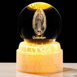 Enjinkail 3D Virgen De Guadalupe Statue Crystal Ball with LED Rotating Base & Gift Box, 3.15" Religious Gifts for Women Men Catholics Home Decor for Holiday Christians (Our Lady of Guadalupe)